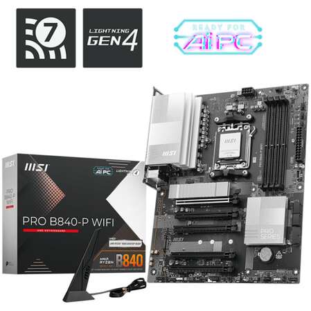 Материнская плата MSI Pro B840-P WiFi Socket-AM5 AMD B840 4xDDR5, 4xSATA3, RAID, 2xM.2, 5xPCI-E16x, 3xUSB3.2, 1xUSB3.2 Type C, HDMI, WiFi, 2.5Glan, ATX Ret