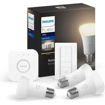 Комплект умного дома Philips Hue White 9W A60 E27, 3 лампы, блок управления и диммер