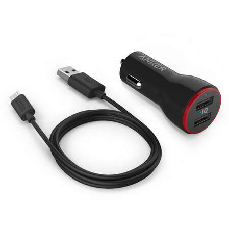 Автомобильное зарядное устройство Anker 4.8A, 2xUSB(2.4A+2.4A), кабель micro USB, черный (B2310H11)