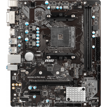 Материнская плата MSI A320M-A Pro Max Socket-AM4 AMD A320 2xDDR4, 4xSATA3, RAID, 1xM.2, 1xPCI-E 16x, 4xUSB 3.1, DVI-D, HDMI, GLAN mATX Ret