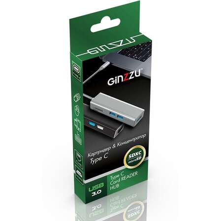 Card Reader внешний GiNZZU, (GR-568UB) Черный Type C LAN1000+2xUSB3.0+U3:SD/microSD