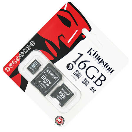 Micro SecureDigital 16Gb Kingston SDHC class10 + 2 MiniSD/SD адаптера (SDC10/16GB-2ADP)