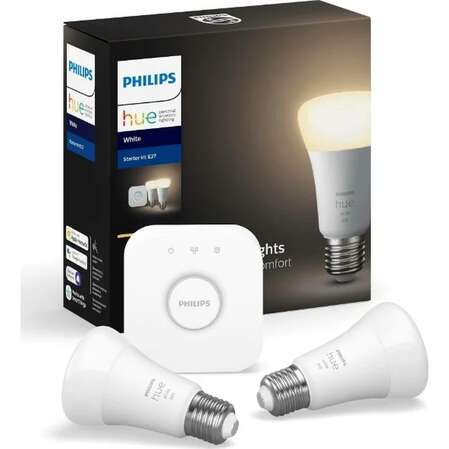 Комплект умного дома Philips Hue White 9W A60 E27, 2 лампы, блок управления