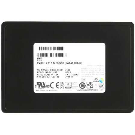 Внутренний SSD-накопитель Samsung SSD PM897, 3840GB, 2.5" 7mm, SATA3, 3D TLC, R/W 560/530MB/s, IOPs 97 000/60 000, TBW 21024, DWPD 3