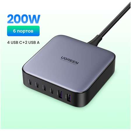 Сетевое зарядное устройство Ugreen CD271 (40914) 200W GaN 4xUSB-C + 2xUSB-A темно-серый