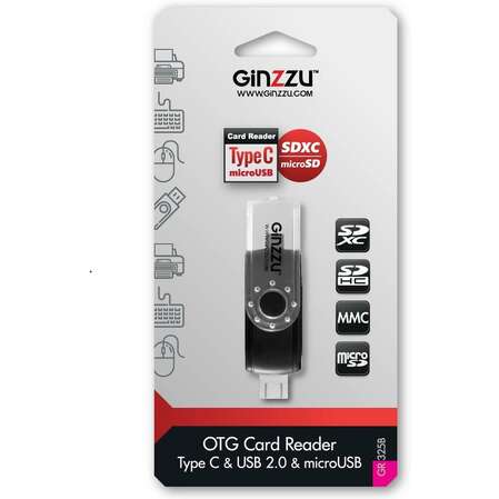 Card Reader внешний GiNZZU, (GR-325B) Черный OTG Type C/microUSB/USB2.0  SD/microSD