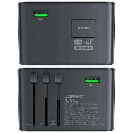 Сетевое зарядное устройство Acefast Z1 PD75W GaN 3 x USB-C + 2 x USB-A Multifunctional Charging Adapter Черный 