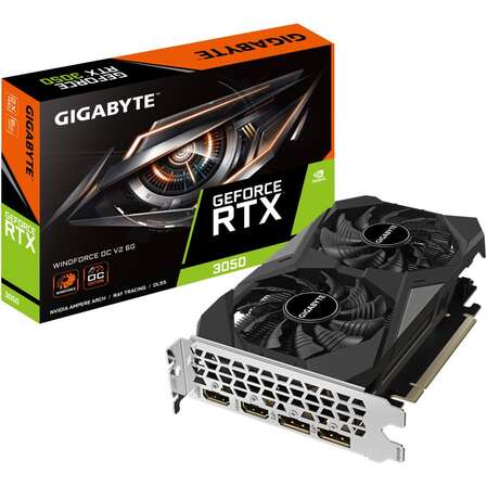 Видеокарта Gigabyte GeForce RTX 3050 6144Mb, Windforce OC 6G V2 (GV-N3050WF2OCV2-6GD) 2xHDMI, 2xDP, Ret