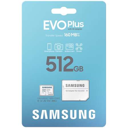 Карта памяти Micro SecureDigital 512Gb SDXC Samsung Evo Plus class10 UHS-I U3 (MB-MC512SA)