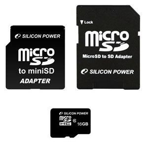 Micro SecureDigital 16Gb SDHC Silicon Power class 10 + 2 адаптера (SP016GBSTH010V30)