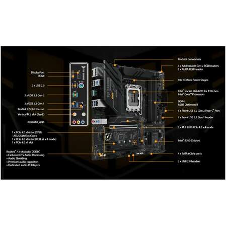 Материнская плата ASUS TUF Gaming B760M-E D4 B760 Socket-1700 4xDDR4, 4xSATA3, RAID, 2xM.2, 2xPCI-E16x, 4xUSB3.2, DP, HDMI, 2.5Glan, mATX