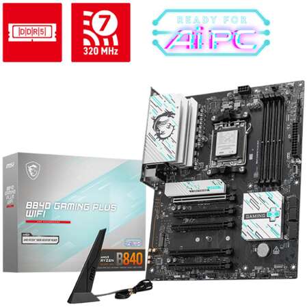 Материнская плата MSI B840 Gaming Plus WiFi Socket-AM5 AMD B840 4xDDR5, 4xSATA3, RAID, 2xM.2, 5xPCI-E16x, 3xUSB3.2, 1xUSB3.2 Type C, HDMI, WiFi, 2.5Glan, ATX Ret