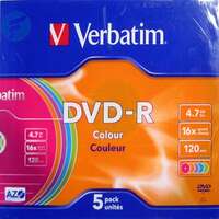 Оптический диск DVD-R диск Verbatim 4,7Gb 16x 5шт. Slim Color (43557)