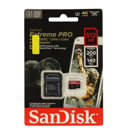 Карта памяти Micro SecureDigital 512Gb SanDisk Extreme Pro microSDXC class 10 UHS-1 U3 V30 (SDSQXCD-512G-GN6MA) + адаптер