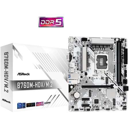 Материнская плата ASRock B760M-HDV/M.2 B760 Socket-1700 2xDDR5, 4xSATA3, RAID, 2xM.2, 1xPCI-E16x, 3xUSB3.2, 1xUSB3.2 Type C, D-Sub, DP, HDMI, 2.5Glan, mATX