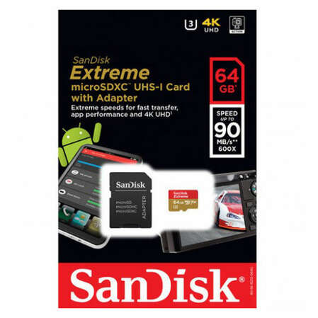 Micro SecureDigital 64Gb SanDisk Extreme microSDXC class 10 UHS-1 U3 V30 (SDSQXVF-064G-GN6MA) + адаптер