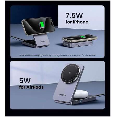 Беспроводная зарядная панель 2 в 1 Для IPhone, Airpods Ugreen W528 (45056) 7.5W Grey