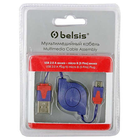 Кабель USB2.0 тип А(m)-microB(5P) 0.8м Belsis (BGL1183) рулетка сине-красный