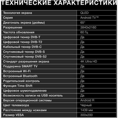 Телевизор 65" Hyundai H-LED65QBU7500 (4K UHD 3840x2160, Smart TV) черный