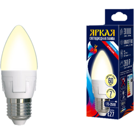 Светодиодная лампа Uniel Яркая LED-C37 7W/WW/E27/FR PLP01WH UL-00002414