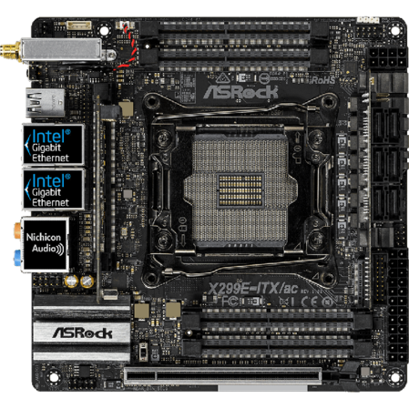 Материнская плата ASRock X299E-ITX/AC X299 Socket-2066 4xDDR4 SO-DIMM, 6xSATA3, RAID, 1xM.2, 1xPCI-E16x, 1xUSB type C, 6xUSB3.1, Glan mini-ITX, Ret