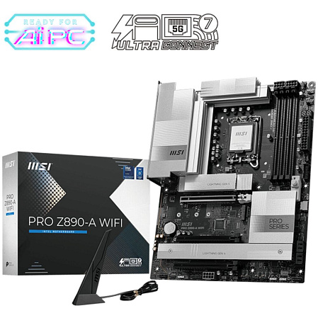 Материнская плата MSI Pro Z890-A WiFi Z890 Soc-1851 4xDDR5, 4xSATA3, RAID, 4хM.2, 3xPCI-E16x, 7xUSB3.2, 3xUSB3.2 Type C, DP, HDMI, WiFi, 5Glan, ATX