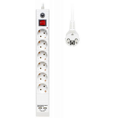 Сетевой фильтр BURO BU-SP5_USB_2A-W 6 розеток 5м белый