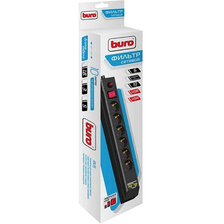 Сетевой фильтр BURO BU-SP1.8_USB_2A 6 розеток 1.8м черный 2USB