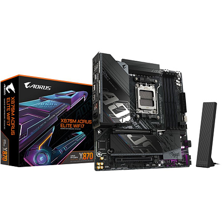 Материнская плата Gigabyte X870M AORUS Elite Wifi7 Socket-AM5 AMD X870 4xDDR5, 2xSATA3, RAID, 2xM.2, 2xPCI-E16x, 6xUSB3.2, 2xUSB3.2 Type C, HDMI, 2.5Glan, mATX Ret