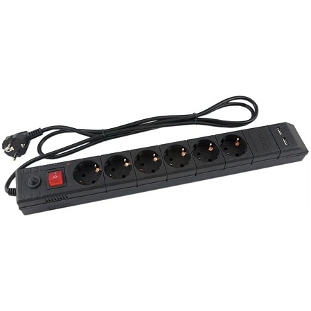 Сетевой фильтр BURO BU-SP1.8_USB_2A 6 розеток 1.8м черный 2USB