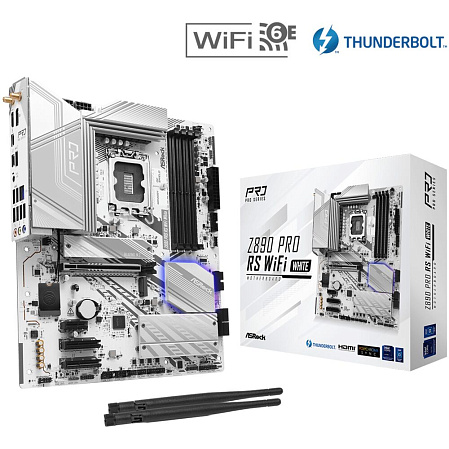 Материнская плата ASRock Z890 Pro RS WiFi White Z890 Soc-1851 4xDDR5, 4xSATA3, RAID, 4хM.2, 4xPCI-E16x, 3xUSB3.2, 2xUSB3.2 Type C, DP, HDMI, WiFi 2.5Glan, ATX