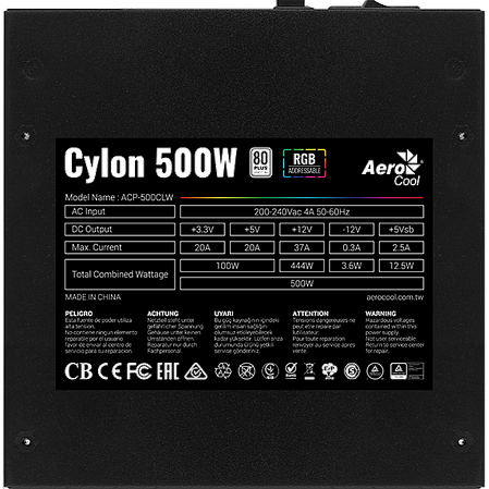 Блок питания 500W AeroCool Cylon 500 RGB Led