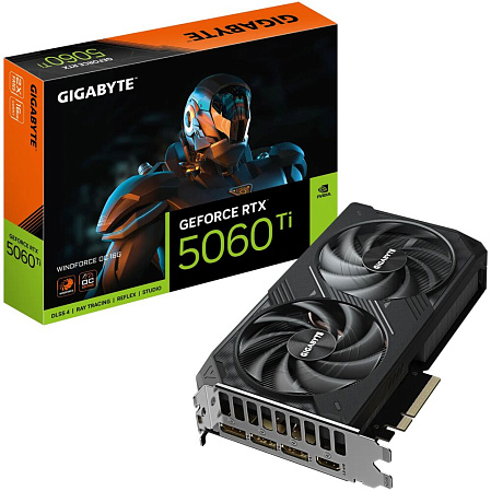 Видеокарта Gigabyte GeForce RTX 5060 Ti 16384Mb, Wingforce OC 16Gb (GV-N506TWF2OC-16GD) 1xHDMI, 3xDP, Ret