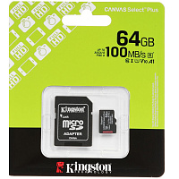 Карта памяти Micro SecureDigital 64Gb Kingston Canvas Select Plus (SDCS3/64GB)  + адаптер SD