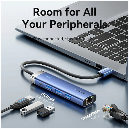 3-port USB3.0 Hub Vention TGFSB (3x USB 3.0/1x Type C/RJ45)