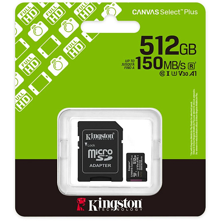 Карта памяти Micro SecureDigital 512Gb Kingston Canvas Select Plus (SDCS3/512GB) + SD адаптер