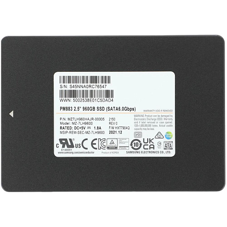 Внутренний SSD-накопитель Samsung SSD PM883, 960GB, 2.5" 7mm, SATA3, 3D TLC, R/W 550/520MB/s, IOPs 98 000/28 000, TBW 1366, DWPD 1.3