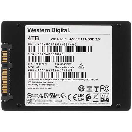 Внутренний SSD-накопитель 4000Gb Western Digital Red WDS400T2R0A SATA3 2.5"